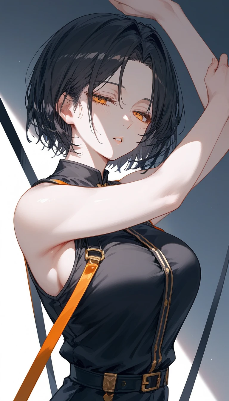 masterpiece, Score_9, Score_8_up, Score_7_up, rear view, 1 woman, alone, dark black hair, very short hair, long parted bangs, gold and orange eyes, half-closed eyes, parted lips, expressionless, pale skin, large breasts, top body,
Long open bangs, with a mole below the mouth, cut style (boy), No bangs, basic black shirt with V-neckline and straps.