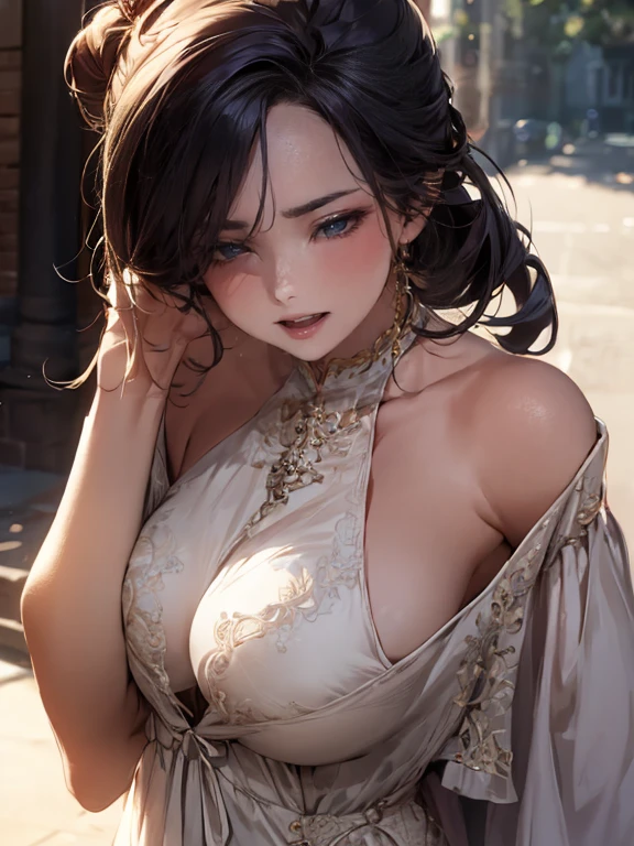 Kaori, Single model, solo, half Asian, half Latino, very long straight black hair, high ponytail, freckles, blushing, wet eyes, long chain pendant, very large heavy breasts, chubby, belly, stretchmarks, (best quality,4k,8k,highres,masterpiece:1.2),ultra-detailed,(realistic,photorealistic,photo-realistic:1.37),detailed portrait, cinematic lighting, natural skin texture, intricate details, dramatic colors, moody atmosphere, heavy eye shadow, mascara, traditional Scottish dress