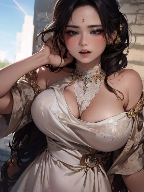 A stunning young woman, raven-black hair cascading down her back, wearing a flowing, no sleeve black dress that accentuates her slender yet curvaceous physique, exudes a gentle, compassionate aura, her eyes sparkling with curiosity, her full lips curled into a soft smile, her porcelain-smooth skin radiating a subtle, golden glow, her slender neck and her body proportions delicately framed, velvety folds of her dress, as if illuminated by a soft, ethereal light, her entire being emanating an aura of elegance, poise, and understated beauty.