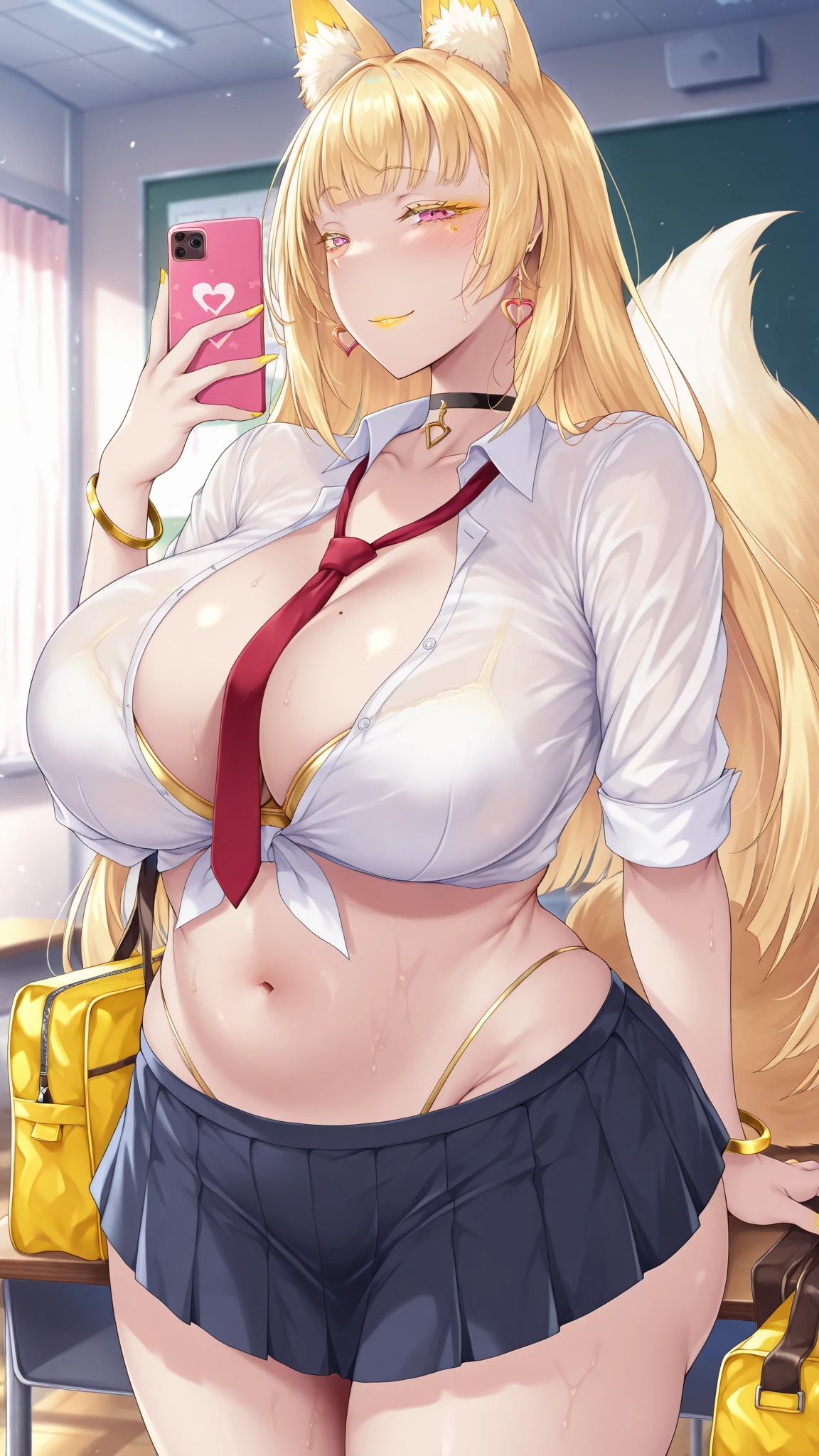 {masterpiece, distinct_image, extremely detailed CG, beautiful eyes and detailed face,realistic, photo realistic, 4k, 8k, high_resolution,perfect_finger, (beautiful_detailed_eyes:1.3), glitter, white_light, (glow_white_face, front_light:1.3), summer_light{1girl, face_focus,cowboy_shot, looking for_in_viewer, standing, (piece sign pose:1.6) },{adult, curvy, (huge_breasts, wide_hip:1.3), navel, skinny_stomach,tight_gap, groin, (yellow_hair, pink_eyes, long_back_hair, long left side hair, right_side_ponytail, slanted_eyes, bangs:1.3), ({The most perfectly hidden yellow_leopard print bra in a white shirt:1.7}, white short sleeve Y-shirt, black_short_skirt, cleavage, pink_nails, gold earrings, black neck choke, white collar, light blue bracelet :1.5),(brown Cardigan tied around the waist: 1.6), (tanning_skin, black_skin:1.6), (smiling face:1.3), sweat}