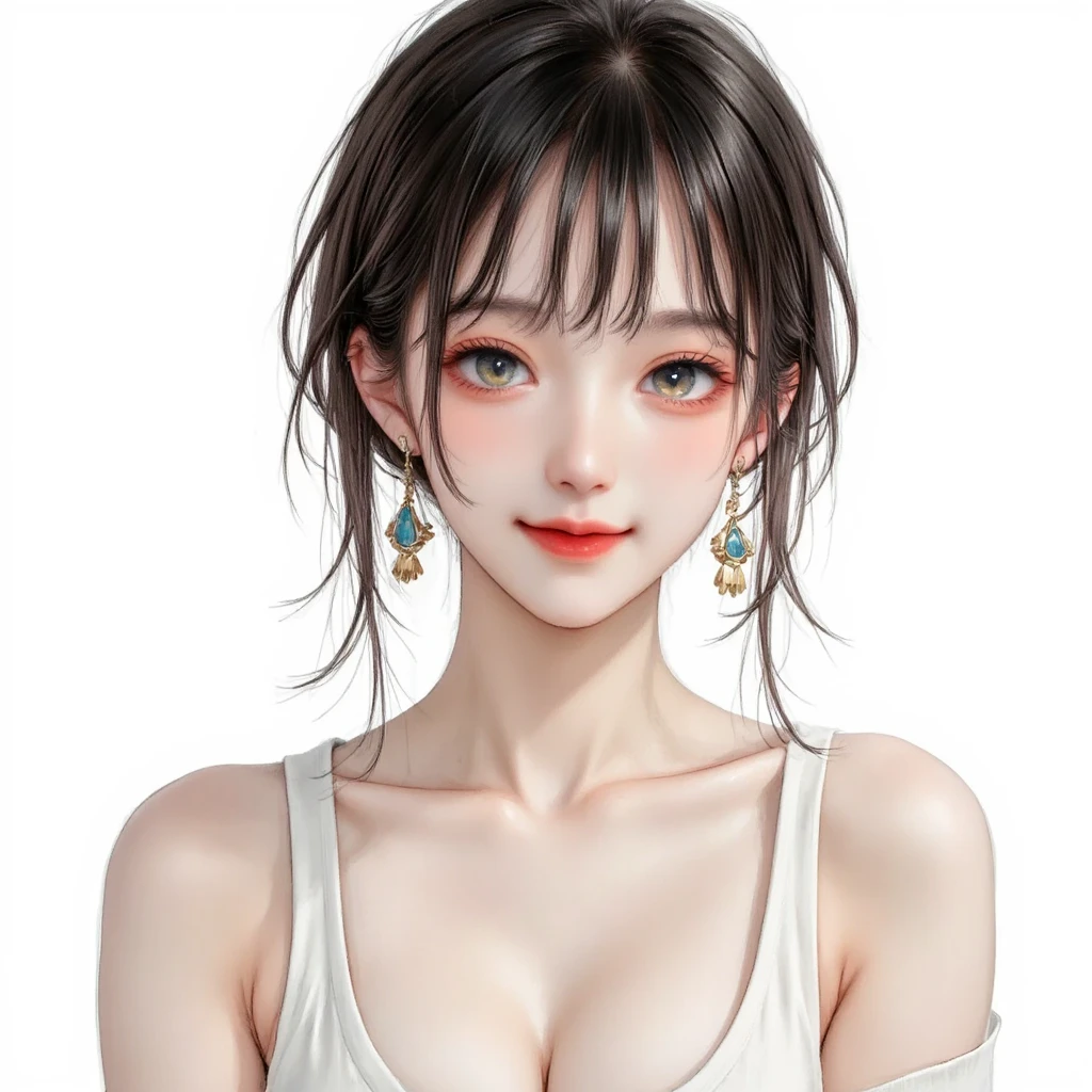 (((Masterpiece))),((top quality)),one beautiful Japanese girl,14 years old、young、bangs、wavy hair、(((two side up:1.5)))、short hair、black hair、brown eyes、droopy eyes、smile、(The background is plain)、ports bra:1.5)、barefoot