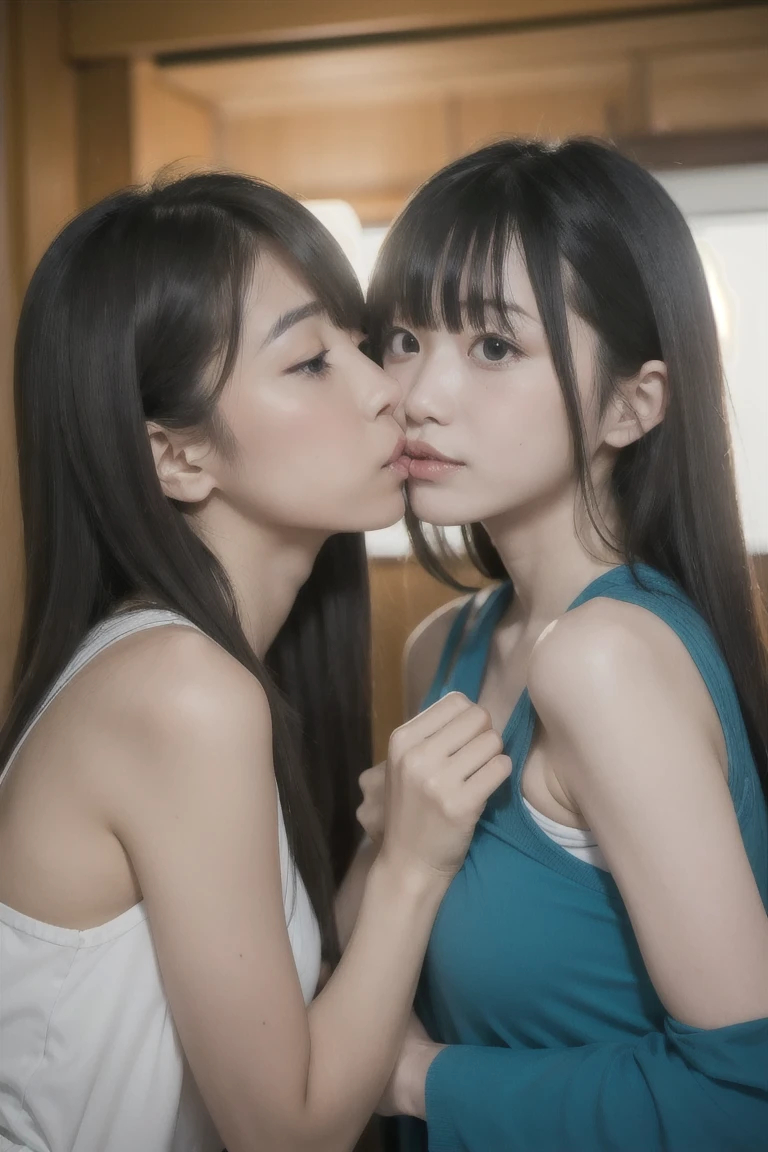 Anime - style illustration of two women kissing in a café, Extremely detailed Artgerm, WLOP and Sakimichan, Range Murata and Artgerm, nixeu and sakimichan, sakimichan and frank franzzeta, Guviz-style artwork, kissing together cutely, 8K high quality detailed art,huge tit,Blush, undress