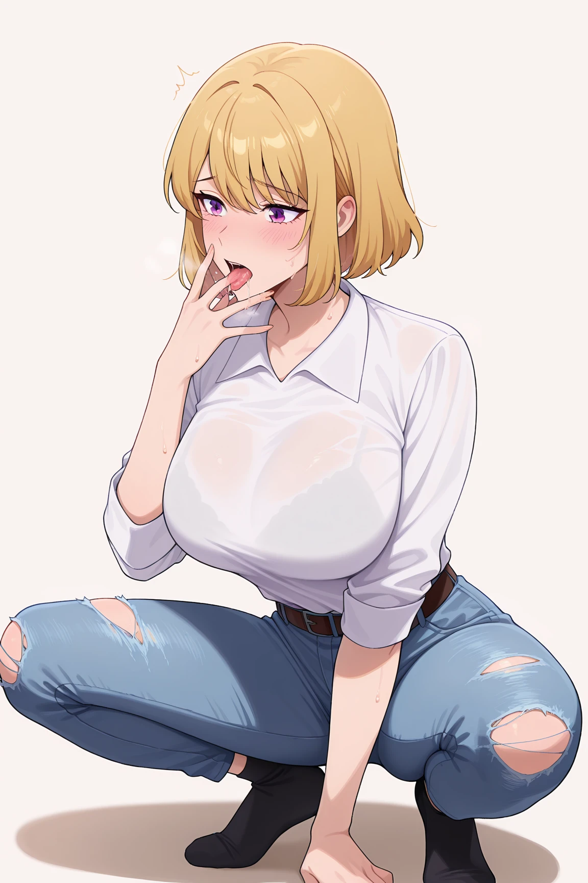 ((masterpiece)),(best quality, finely detailed, absurdres),
vivid color,realistic light,
1girl, solo,
(mature, tall:1.3),
(large breast),
<lora:HandInPants1:0.8> (hand in pants, , female masturbation, , grabbing own breast),
(shy, trembling, glaring,furrowed brow, ),
tongue, saliva, head up, looking up,
(empty eyes, half closed eyes:1.0), (nervous:1.2),(sweat:1.2), shy, wet pussy, pussy juice,
(blush:1.5),
(tears, streaming tears:1.2), nipples, blue jeans,white shirt, (wet pussy:1.4),
lean backward, looking up, <lora:android18-lora-nochekaiser:0.8> android 18, blonde hair, blue eyes, eyelashes, hoop earrings, short hair, earrings, cleavage, collarbone, jewelry