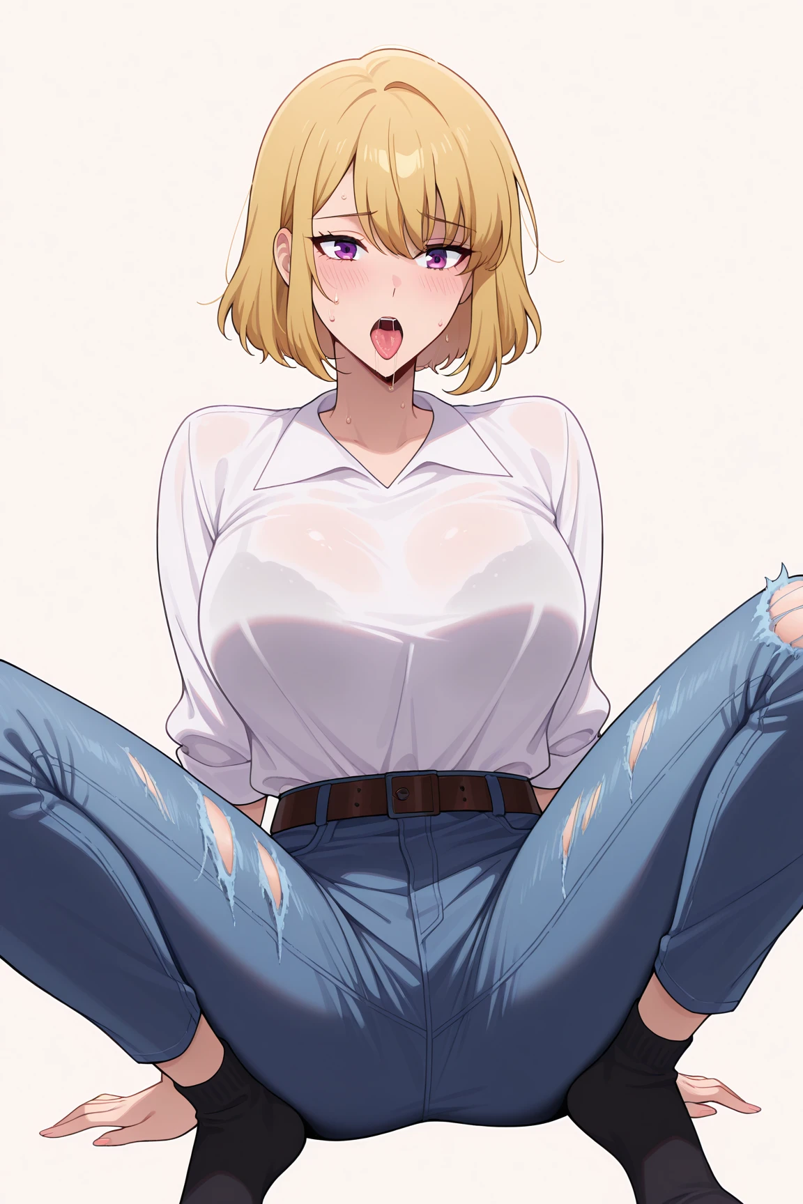 score_9, score_8_up, score_7_up, score_6_up, source_anime, masterpiece, best quality, BREAK 1girl, solo, clean golden hair, purple top, 18-year-old teenager, large bust, blue jeans, blue eyes, standing, attractive make-up, earrings, pov perspective, low angle, looking at viewer