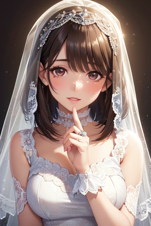 1lady standing, (looking at viewers), (pure white wedding dress) chic, (white head veil), (white lace:1.1), mature female, /(light brown hair/) bangs, blush kind smile, (masterpiece best quality:1.2) delicate illustration ultra-detailed, large breasts BREAK (face covered by white veil), ((veil adorned with white lace:1.1) in front of face) BREAK (stylish bridal church) indoors, luxury hall, detailed background