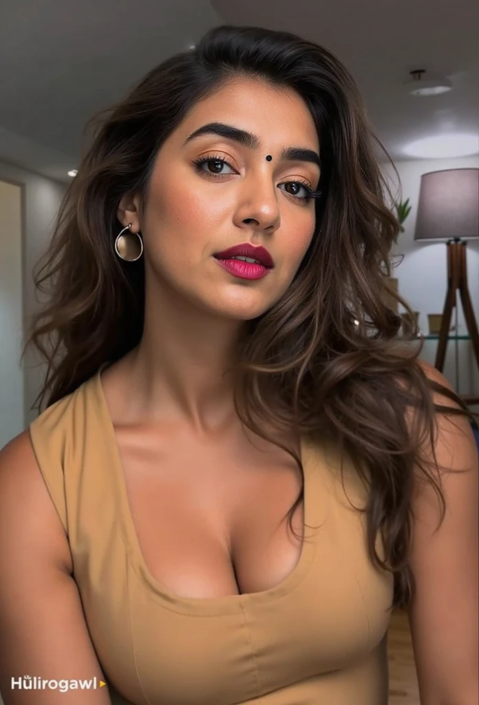 night scene, close up photo of back of naked pooja hegde from top view, hourglass figure, swooping breasts, deep cleavage, curvy, armpits, seductive eyes, look at viewer and subtle smile, showing waving finger, standing in office, necklace, braless, red lips, sultry, ponytail, (cinematic:1.3), intricate details, (ArtStation:1.2)