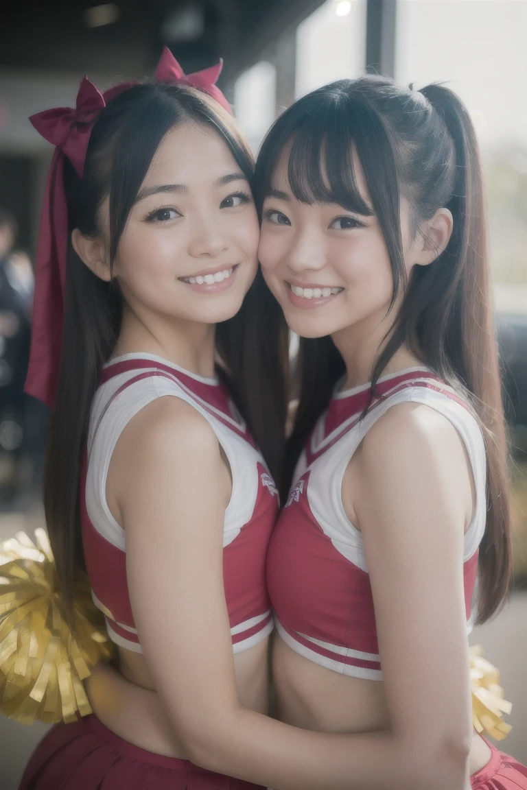 ((Alafed Asia Big Cheerleader、Dynamically hugging and posing pom-poms in the stadium:1 person:Raise one leg()、there is nobody else))、a closeup、cosplay foto、Anime Cosplay、Raw photography, top-quality, hight resolution, (masterpiece), (Photorealsitic:1.4), professional photograpy, foco nítido, nffsw, 8K分辨率, intricate detailes, depth of fields, the Extremely Detailed CG Unity 8K Wallpapers, front lit, femele, girl with, beautiful supermodel, A smile、A slender、Small Cheer Uniform、