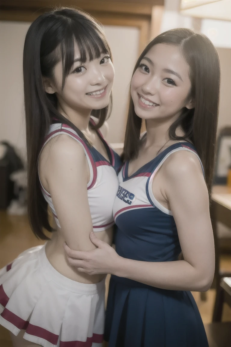 A live-action photo of an extremely beautiful Japanese high school girl race queen who highlights her large breasts and beautiful legs.、Wearing cosplay cheerleader uniforms in a photo studio and taking promotional photos for compensated dating、She is an eternal idol who combines a clean look with modern charm.。 She creates such beauty。 She feels her own warmth。 She creates a warm atmosphere。 We create beauty。 That's what I want to say。 In her full body photo、The figure features porcelain-like skin and golden hair that radiates a soft glow.。 This is probably、It captured the essence of her timeless charm.、This is the best shot ever.。 Each straight line and curve is carefully expressed.、Breathtakingly beautiful with impeccable detail。 This piece perfectly captures her timeless beauty.。 Divine Proportions、Sharp focus、Full-body photo taken by Kishin Shinoyama、high quality、High resolution、Detailed Background