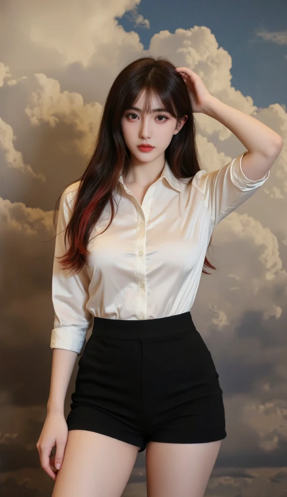 Beautiful Girl, Korean makeup, Red lips, Perfect body, medium chest, thigh, walk, Going, secretary, office, necklace slit shirt, Pencil skirt, black tights, View of the office,