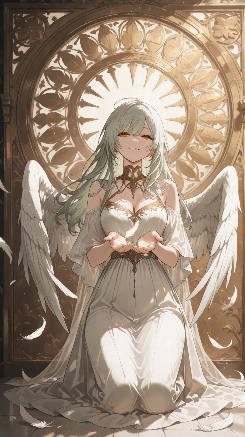 baret_PE, 1girl, angel, green halo, green eyes, monocle on left eye, golden neck tattoo, golden wrist tattoos, golden breast tattoo, gray angel wings, gray hip wings, gray waist wings on back, feathered, long gray hair, long gray bangs, golden hairclips, gray eyelashes, gray colored skin, nude, full body, detailed body, detailed face, medium breasts, navel, two legs, two arms, (bedroom:1, detailed background), ultradetailed, masterpiece, best quality, intricate details, ultra details, ultra quality, (high contrast:1.1), (vibrant, colorful:1.3), (high sharpness), highres, ultra-detailed, illustration,colorful, masterpiece, best quality, best shadow, best illumination, finely detail, 4k, extremely detailed, 8k wallpaper, best quality, soft lighting, tracing, <lora:Baret_PE-10:0.85>,