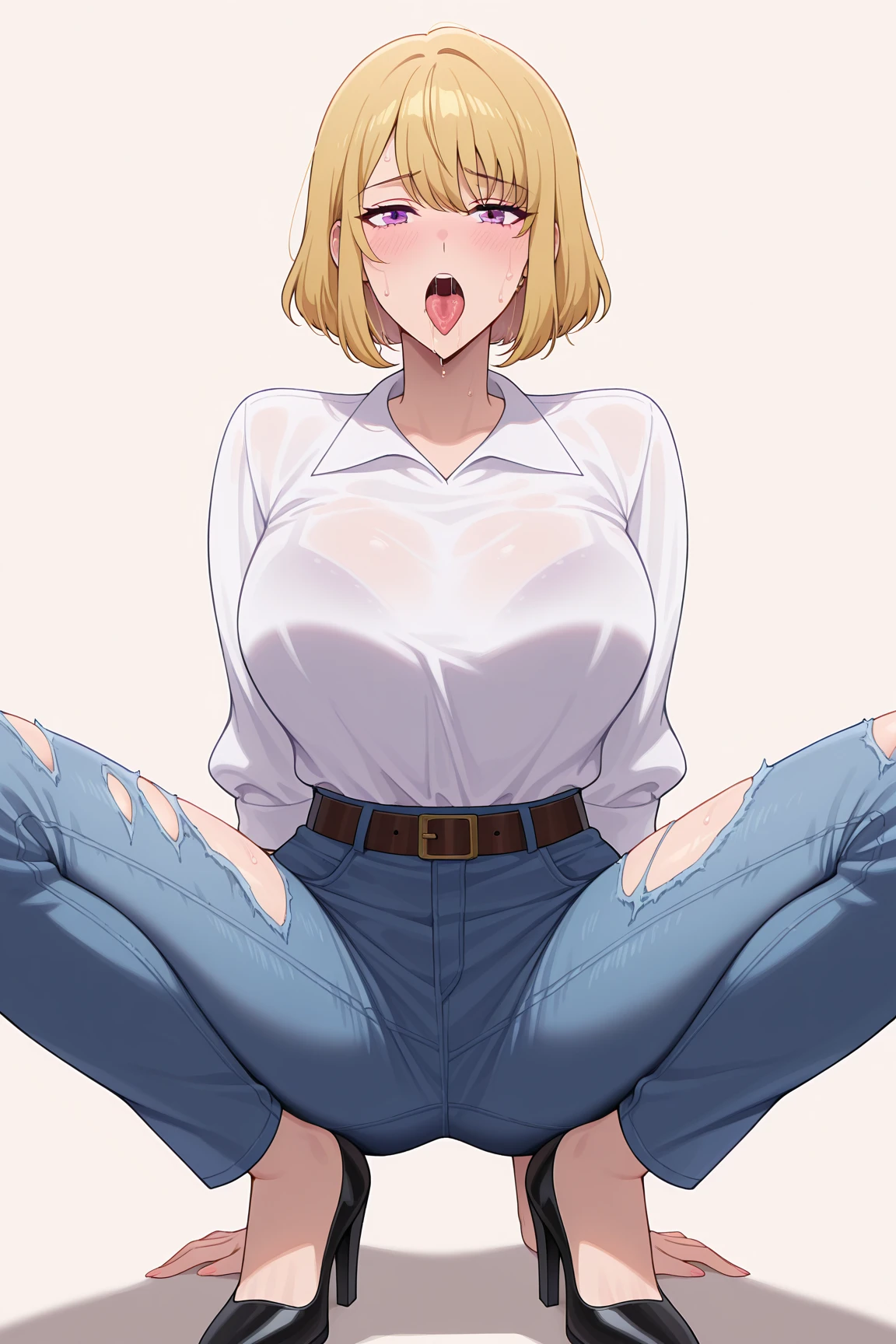 ((masterpiece)),(best quality, finely detailed, absurdres),
vivid color,realistic light, detailed hands,
1girl, solo,
(mature, tall:1.3),
(large breast),
<lora:HandInPants1:0.8> (hand in pants, , female masturbation, , grabbing own breast),
(shy, trembling, glaring,furrowed brow, ),
saliva, head down, looking aside,
on knee, kneeling, 
(empty eyes, half closed eyes:1.0), (nervous:1.2),(sweat:1.2), shy, wet pussy, pussy juice,
(blush:1.5),
(tears, streaming tears:1.2), nipples, blue jeans,white shirt, (wet pussy:1.4),
lean backward, looking up, <lora:android18-lora-nochekaiser:0.8> android 18, blonde hair, blue eyes, eyelashes, hoop earrings, short hair, earrings, cleavage, collarbone, jewelry