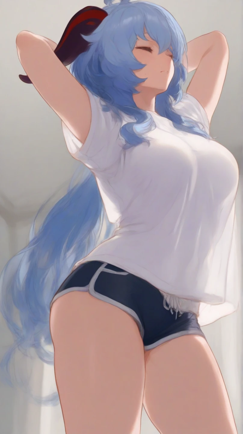 (masterpiece, best quality:1.2), 1girl, solo,standing_split,
long hair, White sleeveless tank top,blue denim shorts