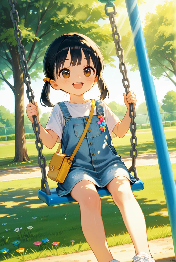 A vibrant and joyful scene in the park, with a radiant and smiling child. The photograph should capture the innocence and happiness of childhood, with vivid colors and soft lighting. Add details such as a colorful swing, a shiny slide, and a lively playground in the background. The child should be dressed in comfortable and playful attire, enjoying the outdoors. Emphasize the natural beauty of the park, with lush greenery, blooming flowers, and clear blue skies. Capture the child's laughter and carefree spirit in the photograph, showcasing the joy of being in the moment.