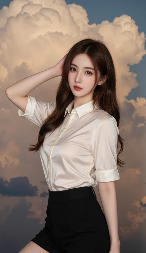 ((((8k))),((Extremely meticulous CG)) ,(wallpaper),16k,((Extremely refined and beautiful)),(((Masterpiece))),(((best qualtiy))),(((Ultra High Resolution))),beautiful light up,realistic shaded,(Smooth and flawless fair skin:1.5),(pale skin:1.3),(Extremely exquisite facial details:1.2),(perfect body:1.1),(ultra-detailed:1.5),((A beautiful girl,solo)),(small head:1.2),(short ponytail:1.3),(slender face:1.3),(Exquisite makeup:1.2),(blush:1.3),(earings:1.2),(necklace:1.2),(small breasts:1.2),(flat chests:1.2),((slim,thin)),(laughing:1.2),(happy:1.2),(white collared shirt:1.3),(sleeves:1.2),(black pleated mini skirt:1.3),(slender legs:1.3),(stockings:1.5),(loafers:1.2),(day scene:1.2),(dim light:1.3),(indoor:1.2),(in the library:1.3),(Beside a bookshelf filled with books:1.2),(detailed background:1.5),(standing:1.3),(arms behind back:1.3),(upper body:1.3),(from front:1.3)