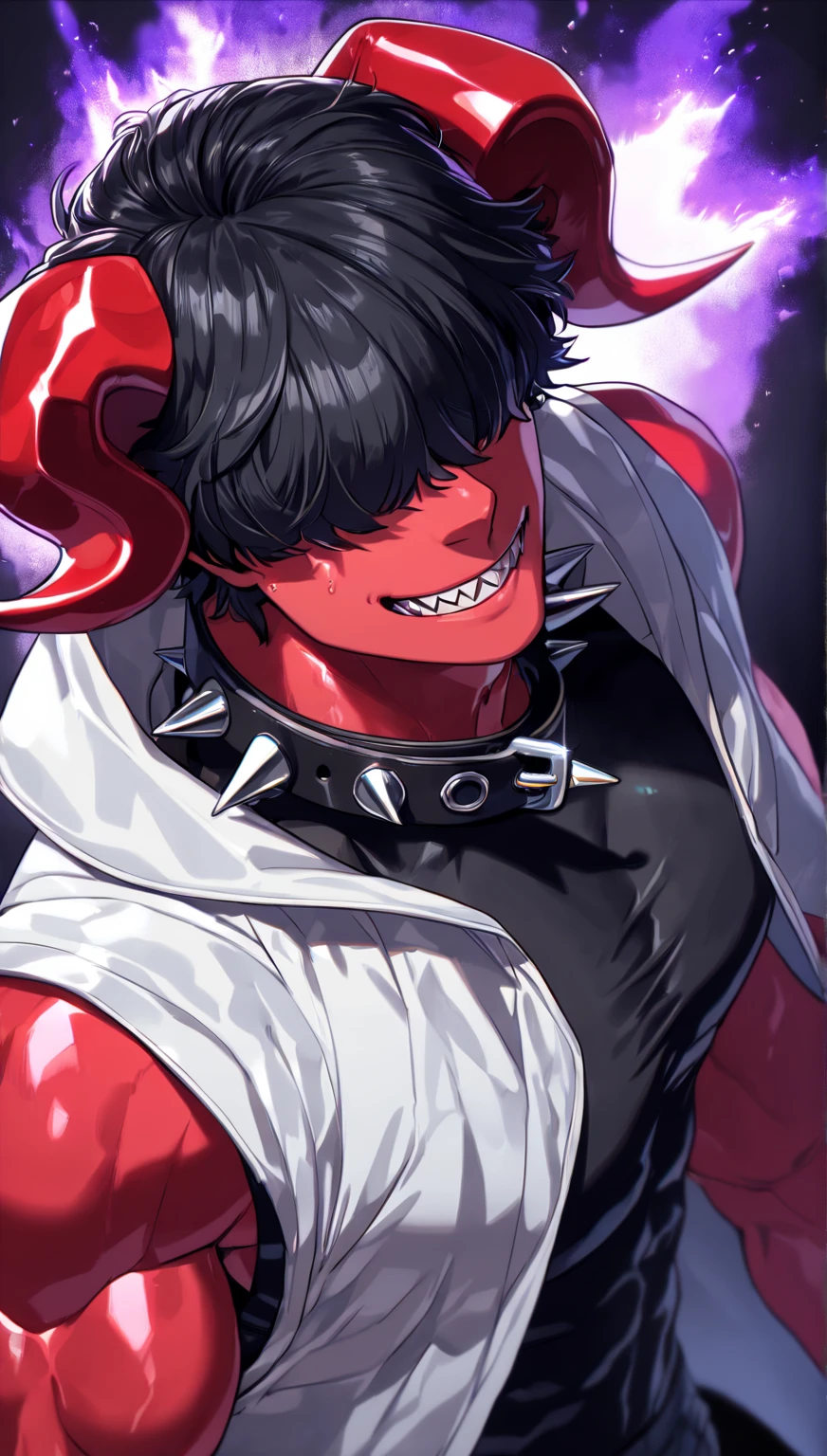 Create a purple-skinned demon with black hair .(do the whole body). He has a psychopathic smile, a black leather jacket full of thorns, eyes glowing red and he holds a power in his hand, a red power.