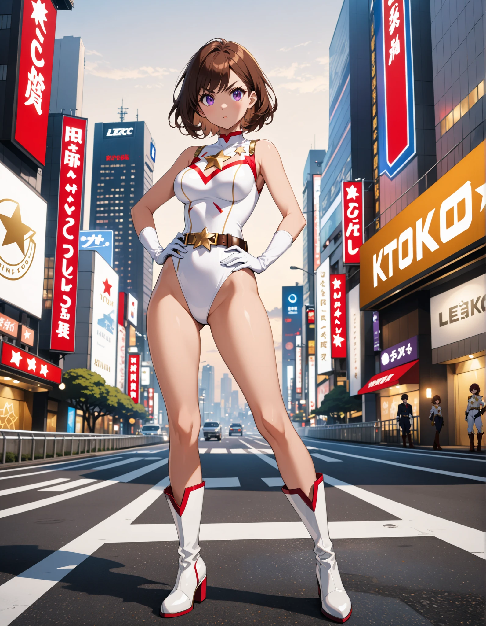 1girl, medium breasts, leotard, white and red leotard, bare legs, tight belt, gold belt, boots, matching boots, ankle boots, white boots, gloves, white glove, city backdrop, tokyo city backdrop, solo, single, hands on hip, standing, full body shot, cowboy shot, superhero, beautiful detailed eyes, mature lady, gold star symbol on chest, brown hair, short hair, Bob hair, purple eyes, sleeveless, perfect anatomy, masterpiece