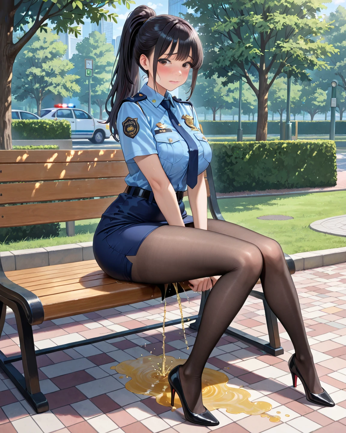 nsfw, (masterpiece, top quality, best quality, highly detailed:1.6), extremely detailed CG unity 8k wallpaper, strong facial expression, (sharp eye:1.2), (scowl:1.1), (embarrassed,blush:1.3), (steam:1.8), (wet:1.2), (sweat:1.1), (trembling:1.3), (open mouth, wavy mouth:1.4), (harf open eyes:1.5), (feeling weak:1.5), (shoot from front, looking at viewer:1.2), (squatting, skirt lift, clutching skirt:1.6), (Japanese police car behind), (downtown street, outside police car, next to the police car), (1 woman, outdoor, police uniform:1.4), ((Blue Shirt, Pencil Skirt)), Police hat ,The background is a street corner, shoes, (long hair, brown hair, pubic hair, Brown:1.5), (woman trembling with sexual climax:1.5), (at midnight), night, at dawn, colorful, full body, wide shot, perfect composition, (chrotch, pussy, urethra, panty, panties), urination, incontinence, piss, peeing self, A lot of pee, having an accident, pee running down legs, panties around one leg, (((pee stream))), (pee puddle), wetting herself, pee stain, peeing, blush, trembling, embarrassed, large breasts, Yellow pee, ((leaking pee)), Shaking one's shoulders, Breaking a sweat on forehead, puddle of pee, Pee at your feet, Pee spread on the floor, Pee stains, Dripping pee between my legs, Feet wet from pee, Pee-covered feet, Pee at your feet, want to pee, about to pee, Full bladder, Pee-soaked skirt, Pee-soaked shoes, natural makeup, A pair of partially removed panties is hanging around one of her ankles,
