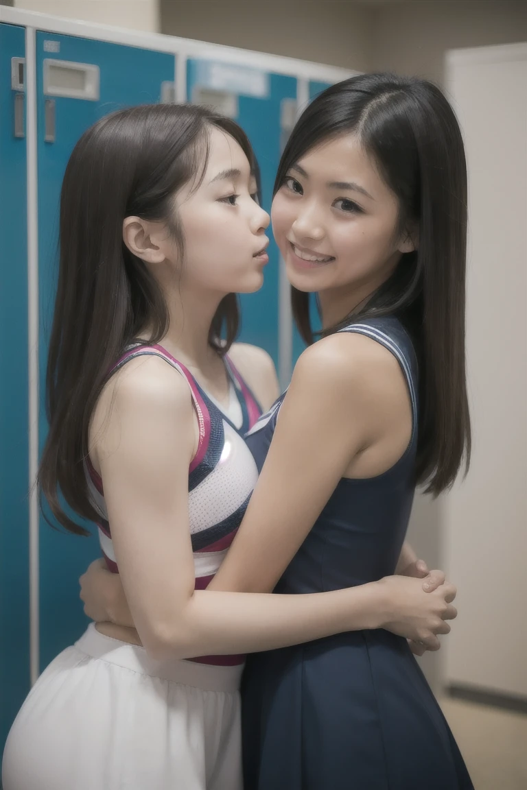 two beautiful women hugging each other、A small, slim Japanese beauty and a big, glamorous American beauty、two people kissing、big bust、big hips、In town、crowd、sensual