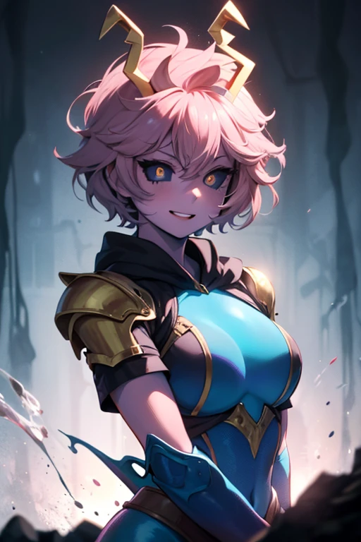 score_9, score_8_up, score_7_up, source_anime, rating questionable, leaning forward, <lora:bernadetta-pdxl-nvwls-v1:.95> warBernie, short hair, hair ornament, shoulder pads, purple dress, short dress, long sleeves, purple shorts, cleavage, yellow gloves,