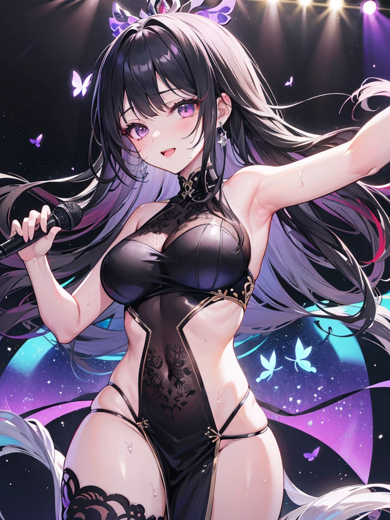(Masterpiece, Top Quality, Best Quality, Seductive Expression, Lewdness, Laughter, Sticking Out Tongue, Official Art, Beauty and Aesthetics: 1.2), (1girl: 1.3), Very Detailed, (Fractal Art: 1.1), (Color: 1.1) (Diamond: 1.3), Most Detailed, (Zentangle: 1.2), (Dynamic Pose), (Abstract Background: 1.3), (Shiny Skin), ( many colors:1.4), ,(earrings:1.4),