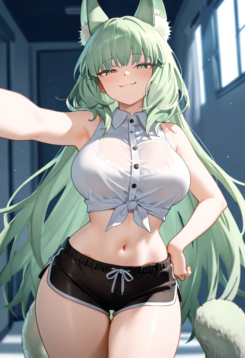 masterpiece, best quality, long hair, silver hair, outdoors, crop top, underboob, sweat, suspenders, miniskirt, green eyes,
