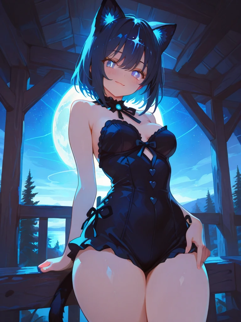<lora:spark_anime_style_v2:1>1girl, :d, animal_ears, bangs, bare_legs, bare_shoulders, black_bow, black_bowtie, black_footwear, black_gloves, black_leotard, bow, bowtie, breasts, cleavage, cloud, cloudy_sky, crescent_moon, detached_collar, earrings, fake_animal_ears, fishnets, full_moon, garter_straps, glint, gloves, green_eyes, high_heels, highleg, jewelry, leotard, looking_at_viewer, medium_breasts, moon, moonlight, night, night_sky, open_mouth, outdoors, playboy_bunny, pointy_ears, rabbit_ears, rooftop, shooting_star, single_thighhigh, sitting, sky, smile, solo, sparkle, star_\(sky\), starry_sky, strapless, strapless_leotard, sun, thighhighs, tree, wrist_cuffs