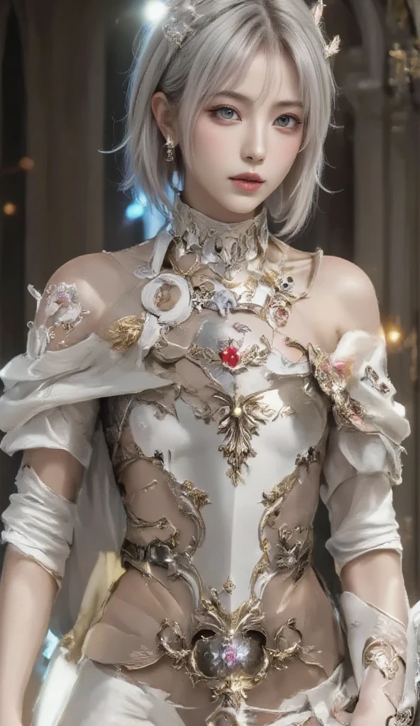 One girl, beautiful dress, short hair, photorealistic, best quality, masterpiece, , gray hair, gold eye, look up, upper body, hair, fair skin