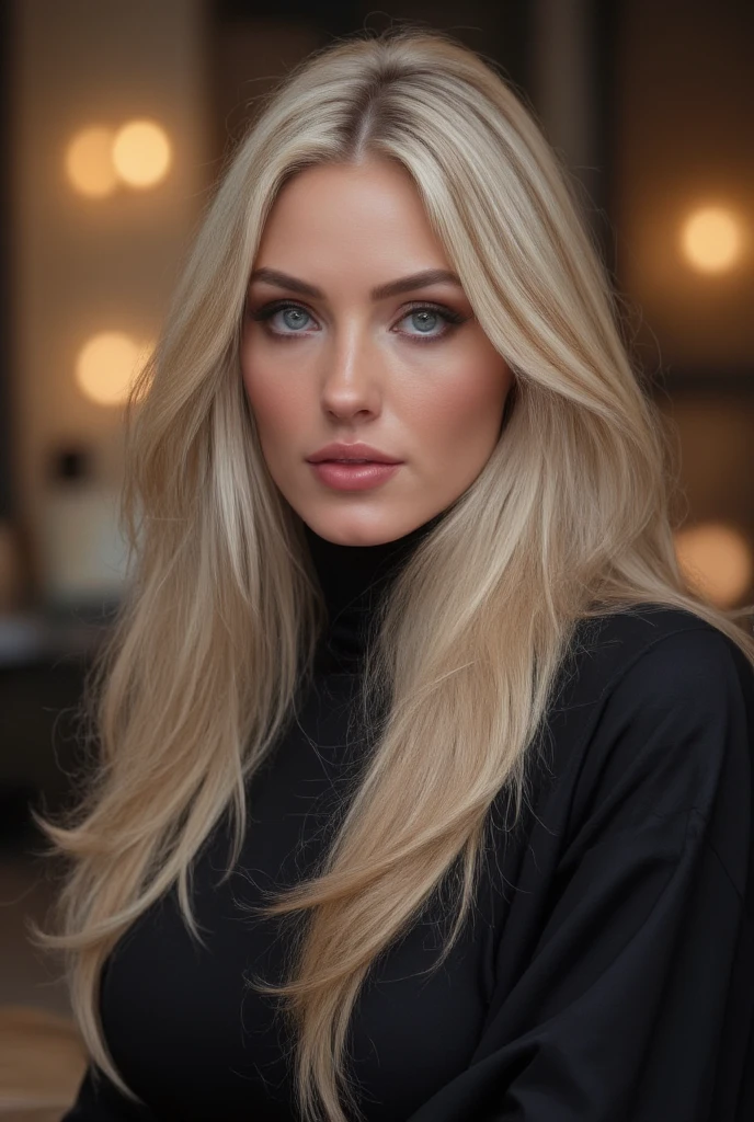 sweater dress a cinematic still of a beautiful blonde woman, <lora:JessicaLee:1>, photo model, luscious glossy lips, black eyeliner, subtle makeup, long blonde wavy hair, exotic location, photo realistic, posing for a magazine shot, perfect lighting, rim lighting, epiCRealism, fcDetailPortrait
