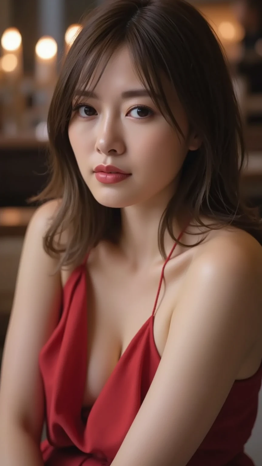 naked red short towel, cleavage, (8k, RAW photo, best quality, masterpiece:1.2), (realistic, photo-realistic:1.37), ultra-detailed, ultra high res,1 girl,looking at viewer,beautiful detailed face,smile,narrow,(slim waist:1.3), beautiful detailed skin, skin texture, floating hair,professional lighting,