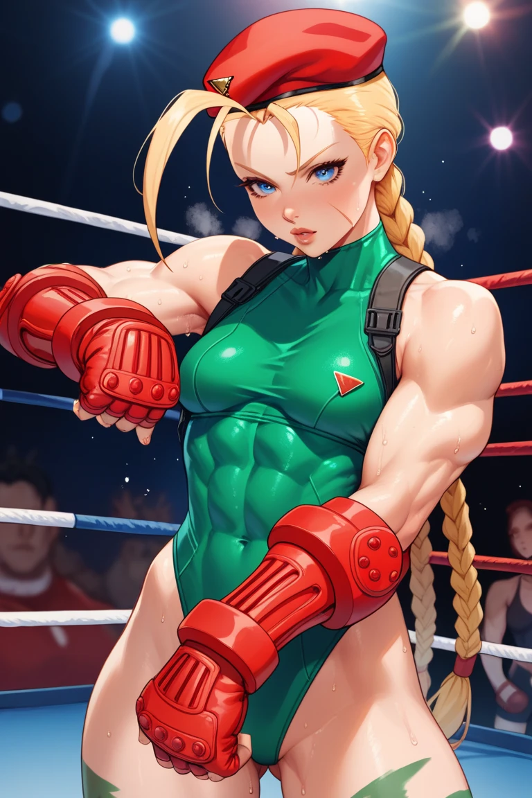 score_9, score_8_up, score_7_up, 1girl, solo,CammyWhiteSFXL, scar on cheek, blue eyes, blonde hair, long hair, twin braids, antenna hair, camouflage, red beret, large breasts, bare shoulders, green leotard, black harness, red gloves, fingerless gloves, standing, hands on hip, smiling, looking at you, fighting ring,