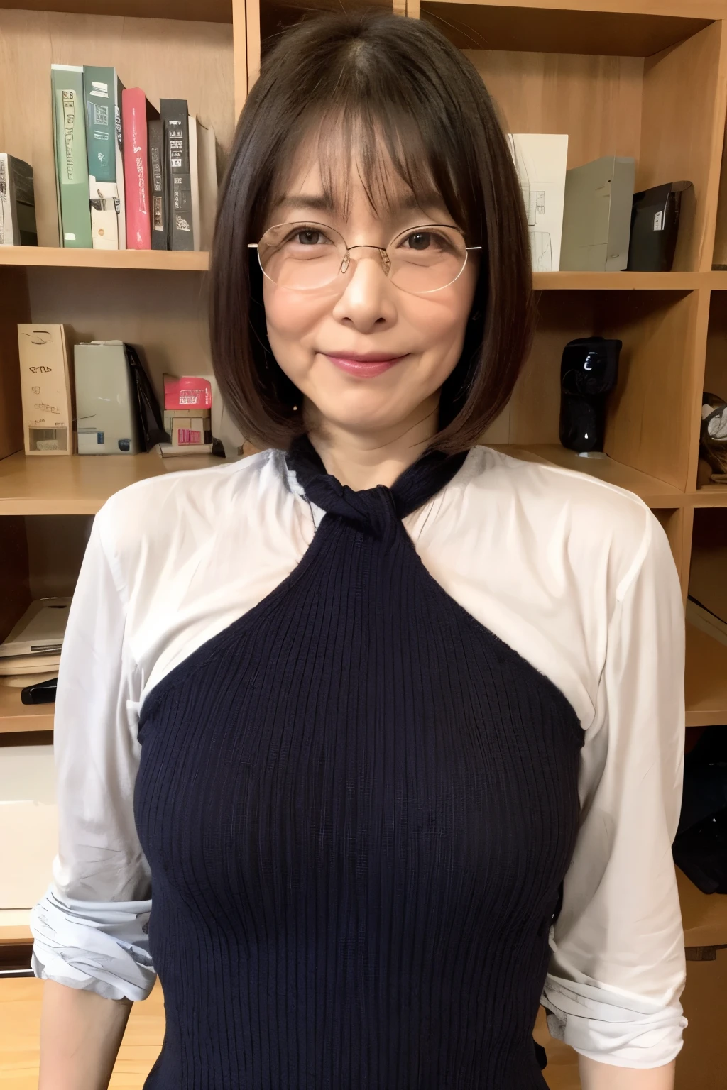 8K, Highest quality, masterpiece, Realistic, Very detailed, Natural light, 1 person, 35-year-old woman, Large V-neck knit shirt without buttons, Shapely breasts, (Cleavage), Black Hair, (Straight hair), (Bob Hair), (symmetrical hair length), thin silver-rimmed glasses, ((View your audience)), Sit in a chair with good posture, Very detailedな顔と肌の質感