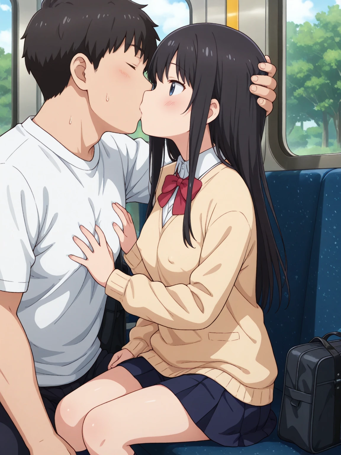 A middle-aged man is kissing a topless, pantyless, blue-checked skirt-wearing girl with erect nipples, short black hair, small breasts and pale pubic hair, as she spreads her legs and cries on a train.