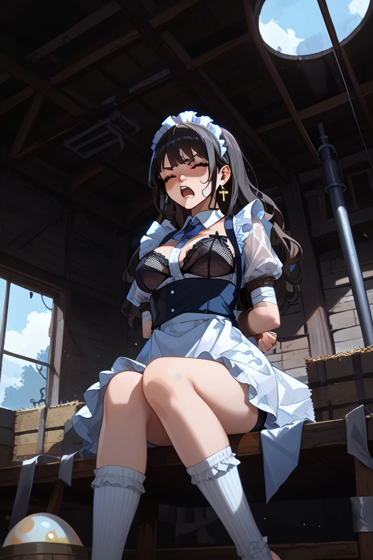 ultra realistic 8k cg, picture-perfect face, flawless, masterpiece, 1girl,  city corner background,arms behind back, (shibari:1.21),  colorful hair, long hair, solo, bondage outfit, dominatrix,bdsm,(ashamed:1.21),(circle gag mouth, open mouth gag:1.1), blush, drooling, tongue out,