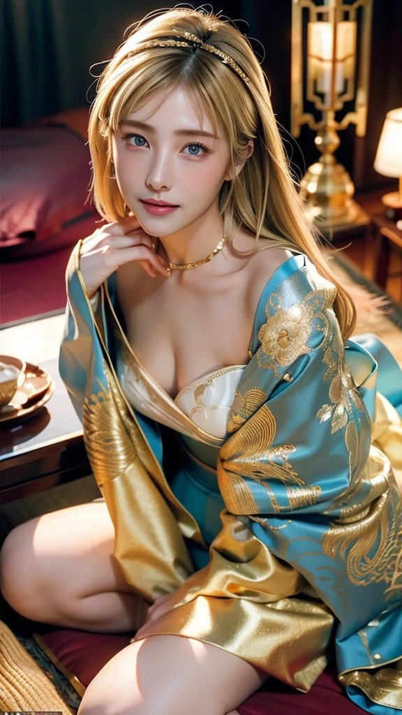 ((masterpiece(:1.4)，Highest quality，Ultra-high resolution，Highest quality，8k，Extremely detailed，In detail))。night，Japanese，(A beautiful woman)，glossy，slim，Large Breasts(1.6)，sexy，glamorous，((Golden Ratio Style，Perfect Style))，Narrow waist，Flashy gal makeup，Japanese garden，Oiran，Prostitute，Sunny day outfit，Uchikake，Gold brocade，((A gorgeous kimono))，A cutting board belt tied in front，Hair tying，hairpin，hair ornaments，Gorgeous costumes，Beautiful standing posture，Presence，Exude sex appeal，looking at the camera，Show off your style，Big Breasts，