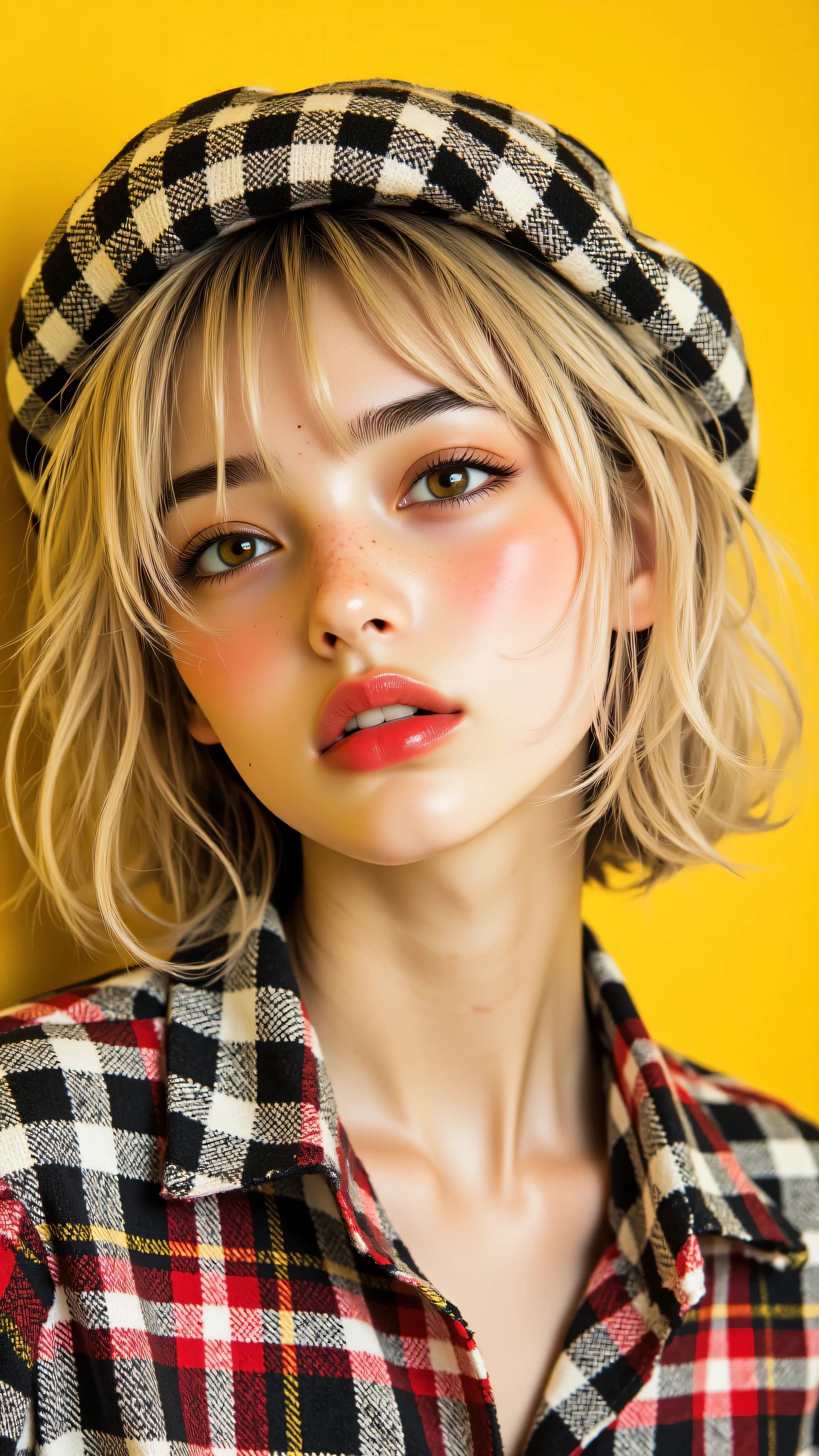 Scattered Blonde Short Hair, Lightweight Bangs. Oblique Check Beret, chic, youthful . Lovely Ruby Lips, Red and Thick, Focus your attention . Warm Brown Eyes, Deep Gaze, Whisper. Check Shirt Collar. Intense Yellow Background, Seductive Presence, Clear Imprint.