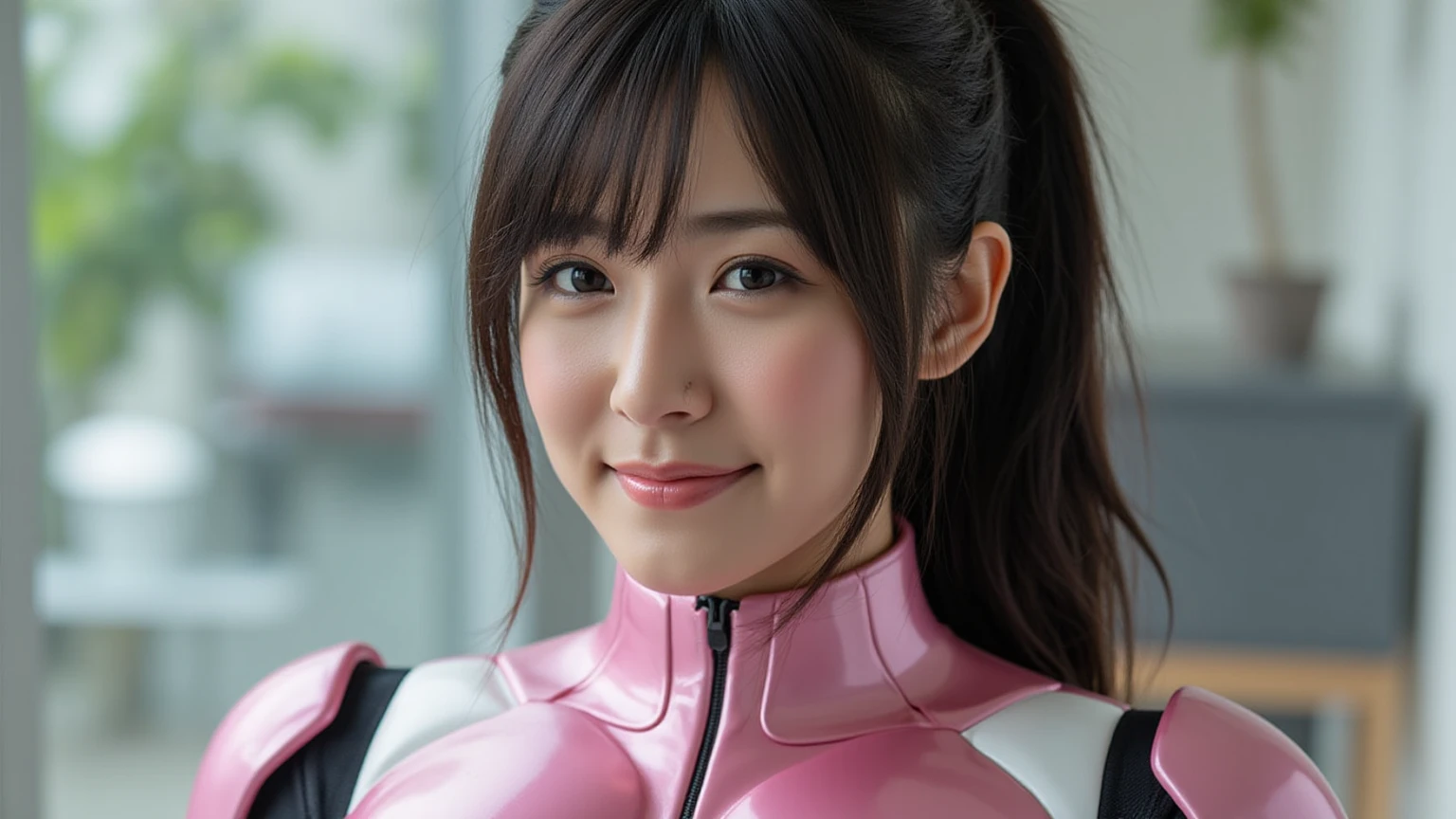 pink power range lemele、Realistic, shiny dark pink and white suit、Power Rangers Bodysuit、professional photograpy、Does not expose the skin, Japanese Models,The skin is not exposed、fleshy body, A smile、Colossal tits、A dark-haired、Sweaty face、In the sauna、