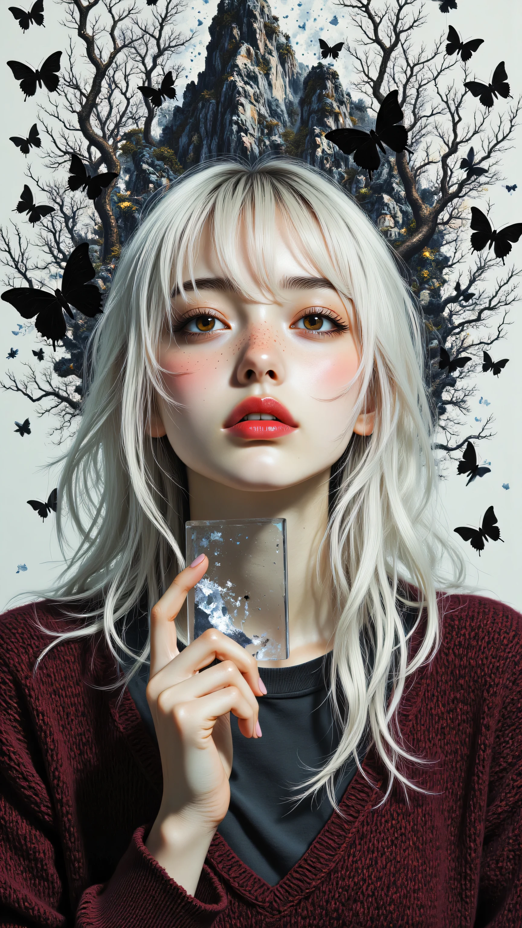 white hair, Scattered textures. Swarm of black butterflies, Standing in front of the toilet , Above the face , service. Silver branches, tangle, delicate. closed eyes, Deep meditation. Red eyes, blood-red lips, intense contrast . Burgundy Sweater, Warm touch. Transparent square frame, World in hand. Black and white mountains, rough texture, Dreamy face rising beneath it. Surreal unity. Gothic sensibility, Breakable beauty, grief.