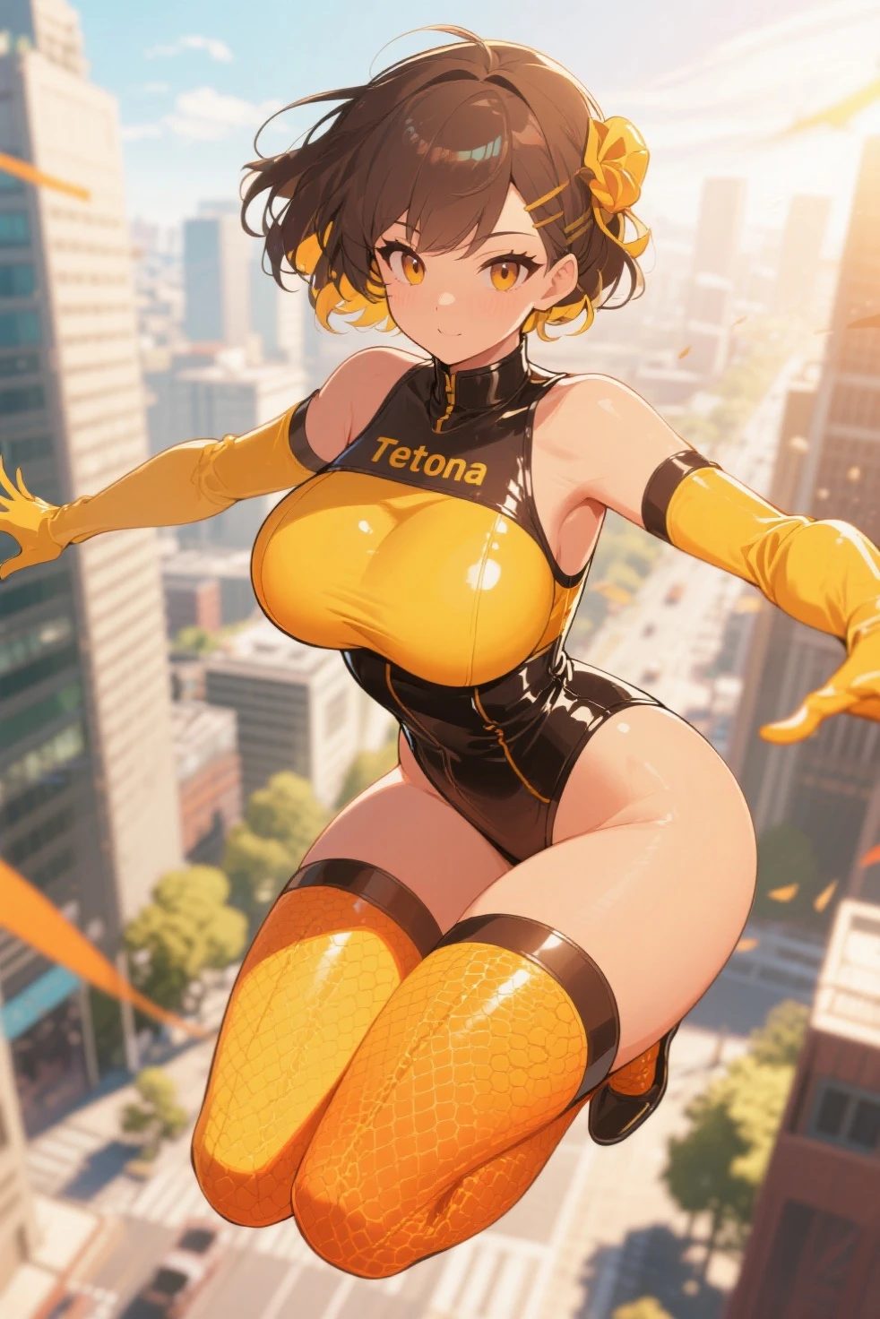 Cute girl, brown hair, pigtails, yellow eyes, wide smile, yellow dress, big breasts, short skirt, slightly tight yellow dress, tops exposed