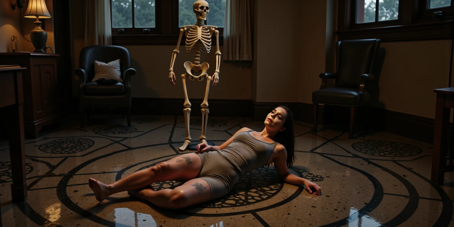"(The best lighting, alto contraste, oscuro, dramatic),(Chica rubia junto a una cabra negra gigante, Open the rib cage, feto, autopsia, huesos humanos, sangre por las paredes). Luz Caravaggio"