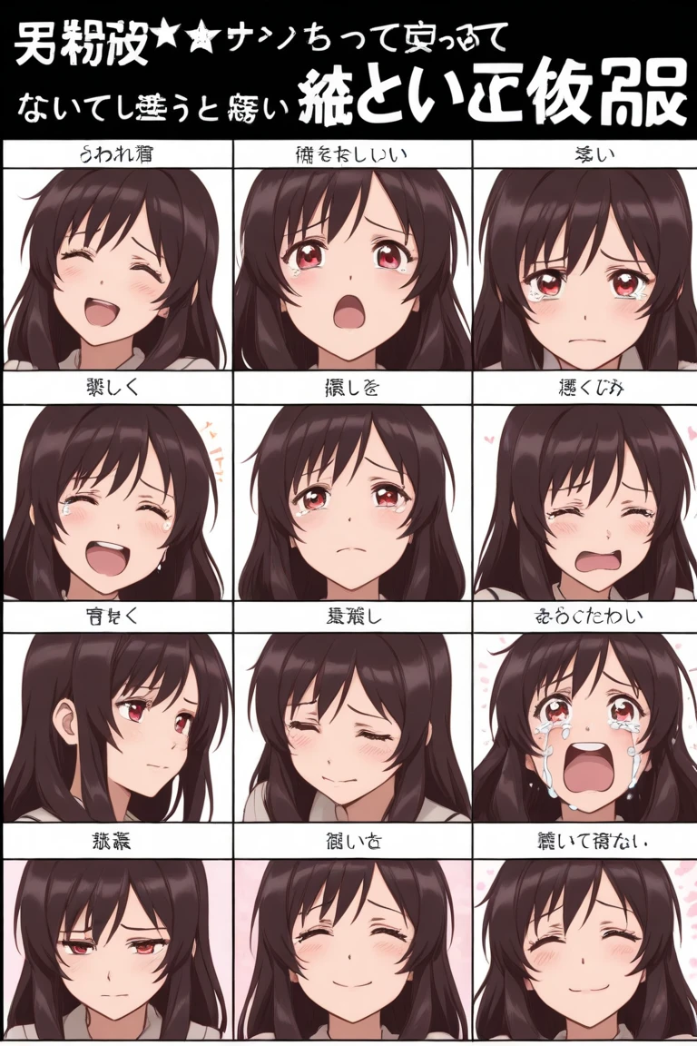 Anime girl, 4 panels, facial expression chart, happy, sad, anger ...