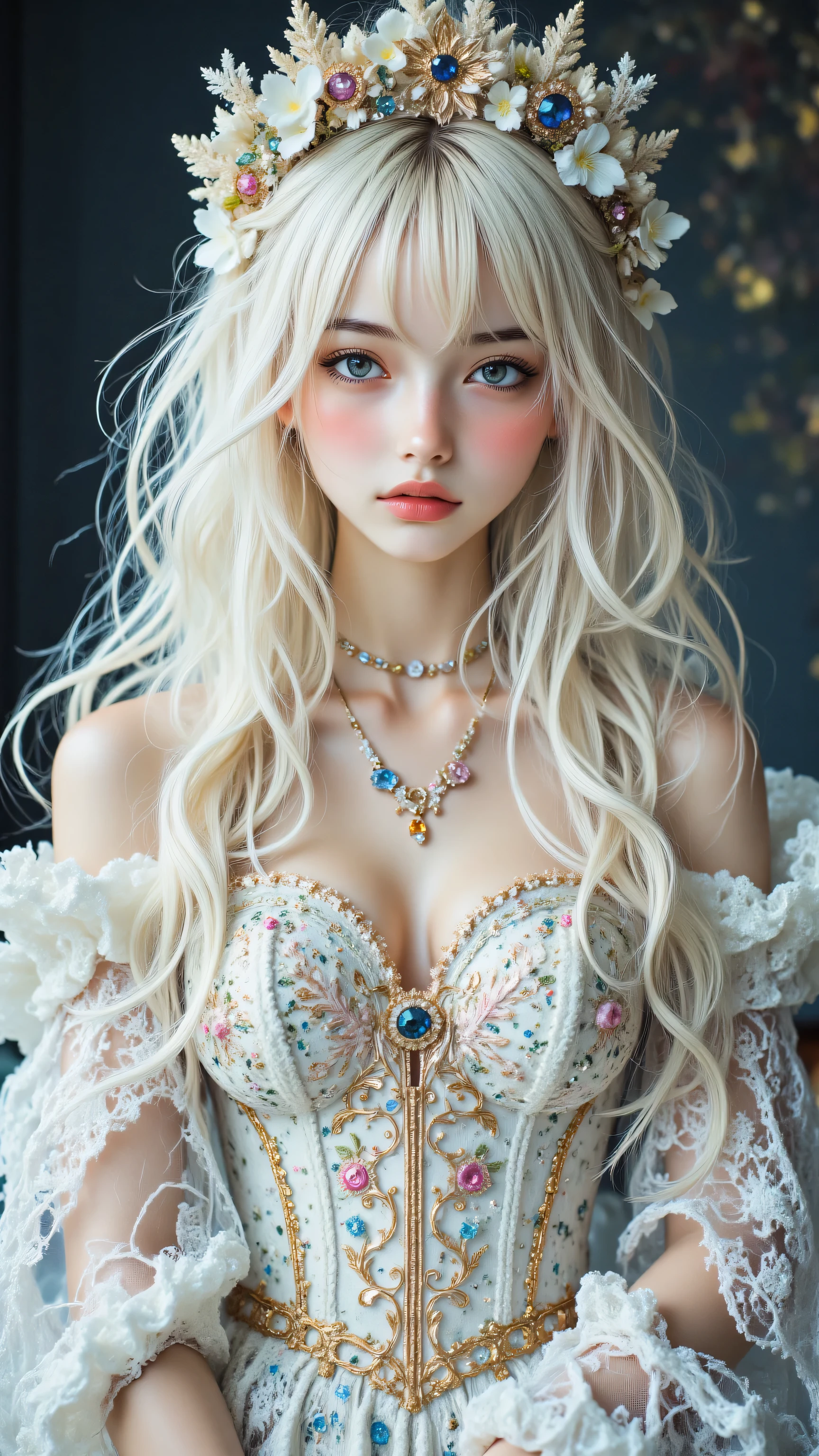 (Close-up:1.4)、(RAW shooting:1.2)、(photorealistic:1.4)、(masterpiece:1.3)、(highest quality:1.4)、bright look、exquisitely beautiful girl、extraordinary beautiful girl、Detailed cute and beautiful face、beautiful bangs、glowing white shiny skin、facial hair、Bangs that extend to the face、bangs between the eyes、super long hair、Charming light and dark platinum blonde super long straight silky hair、thin hair、Charming shining beautiful bright clear light blue big eyes、luxurious dress、tiara、double eyelids、rich bust、Upper body、ancient city