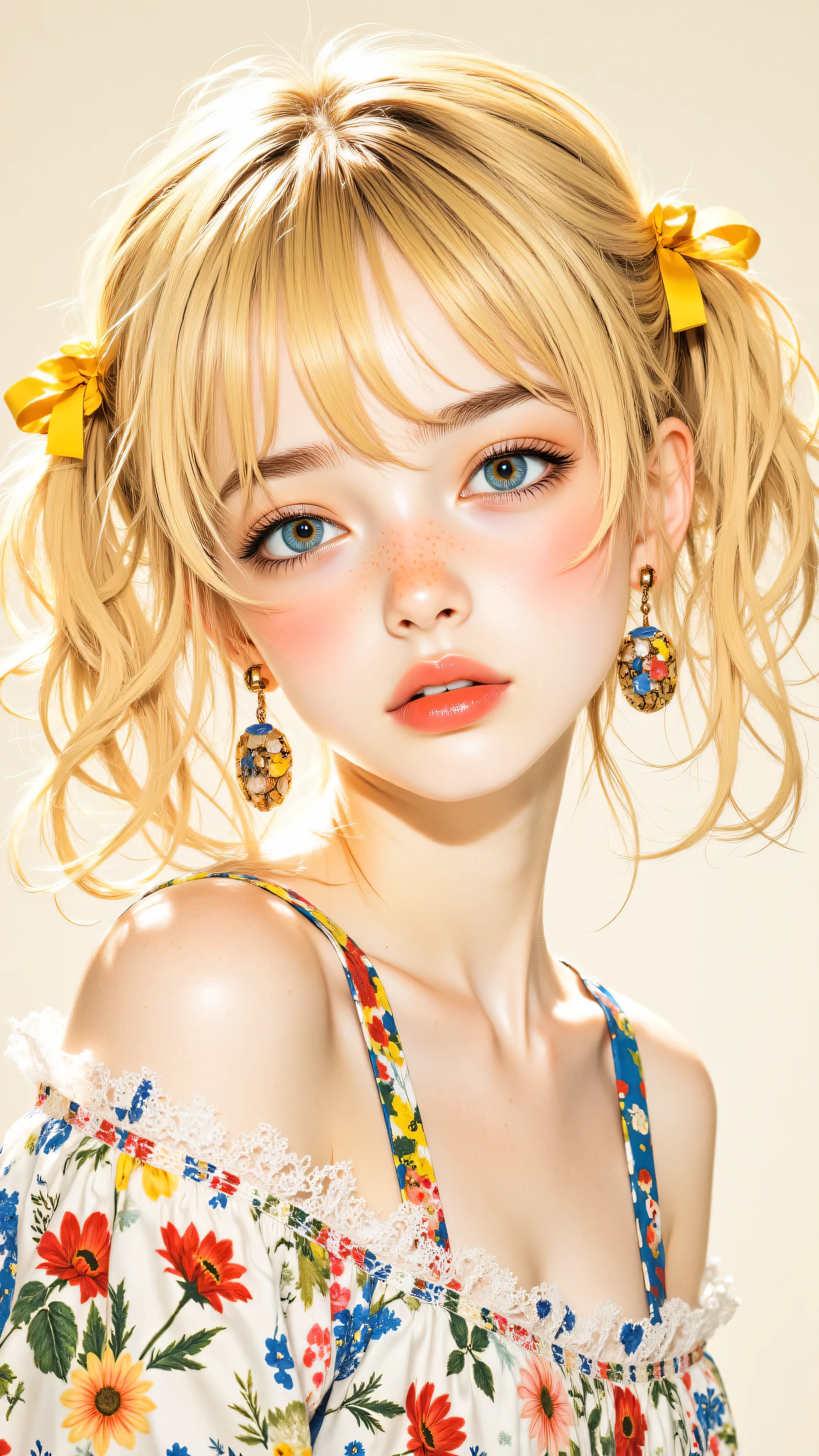 Draw a girl with bright blond hair tied in two prongs and wearing yellow ribbons and colorful earrings. She has bright blue eyes and red cheeks, and, The background is treated with a soft beige color to create a dreamy atmosphere. emphasizes the girl's big, sparkling eyes and lovely expression;, Delicately depict fantasy elements and the girl's charm with close-up shots of her face and upper body.

