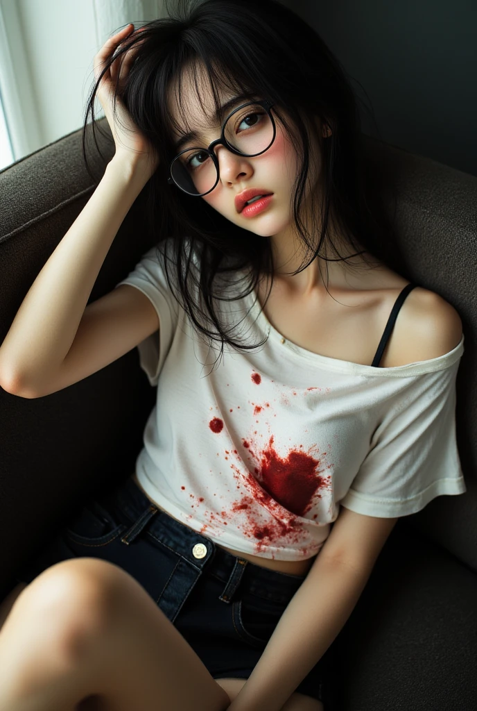 Shot in right chest，Blood gushed out.，shot in the chest，Blood gushed out，The bullet holes are deep，Blood flows down the body，The clothes were soaked with blood，Bullet holes are clearly visible，圆形The bullet holes are deep，blood spatter，Breasts stained with blood，Wound ulceration，The right  was shot and blood spurted out.