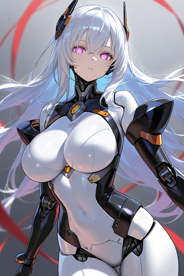 1girl, dark-skin, dark-skinned female, white hair, long hair, black leotard, white trim, large breasts, thick thighs, belt, thighhighs, pantyhose, knife, mature female, milf, toned, tall, shoulder armor, sleeves, long sleeves, gloves, elbow gloves, neon, neon trim, neon lights, futuristic, science-fiction, tech, machinery