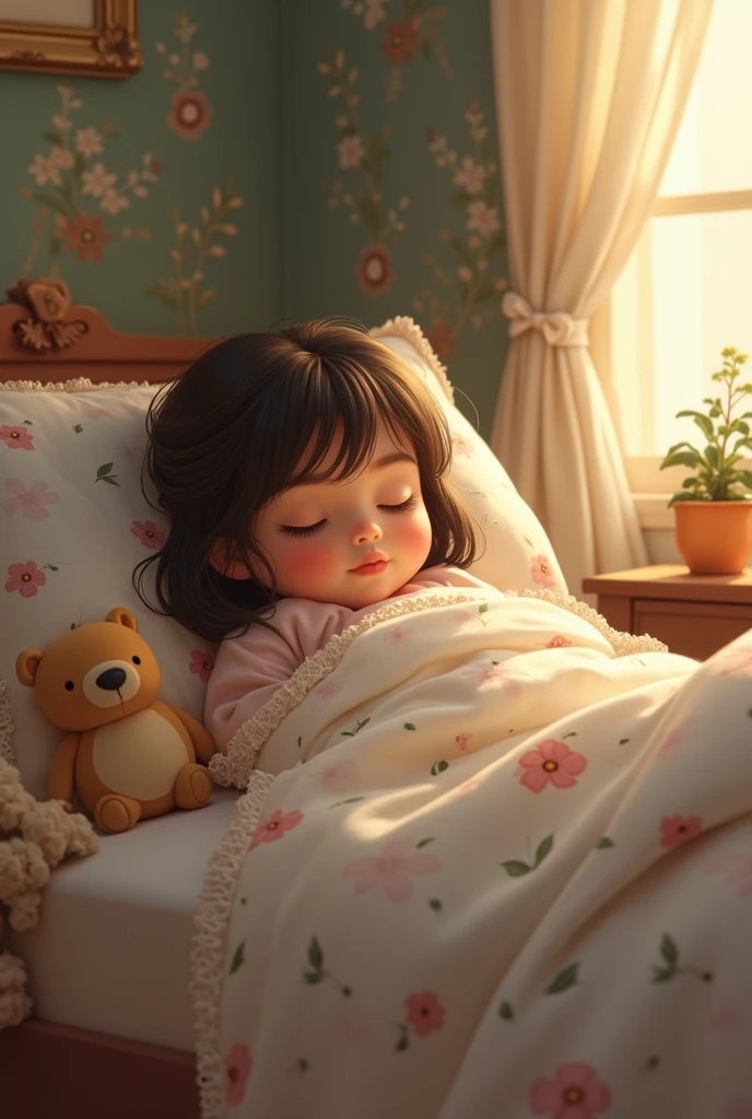 pillows, sheets and a 3d bear resting and a girl with two pigtails and dreaming of ladybugs