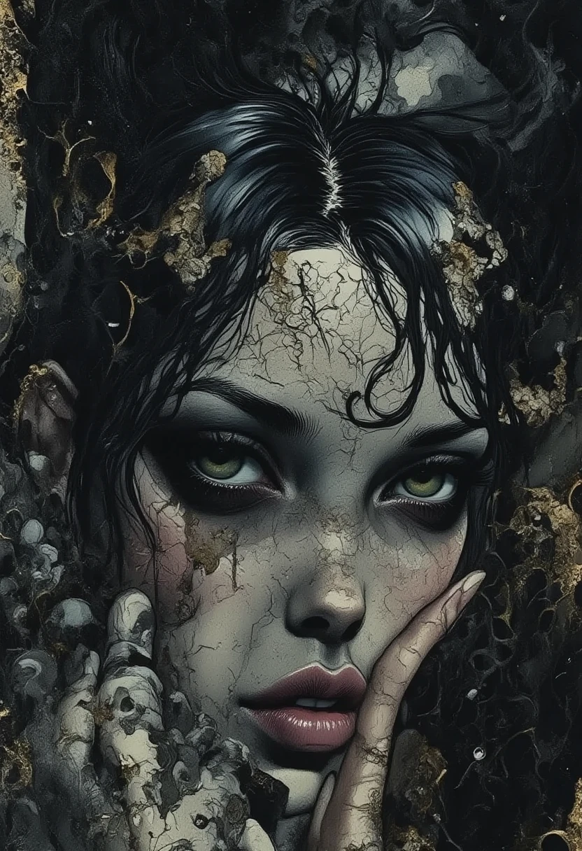 some sexy, dark, queen of hell, loneliness, magic,, tmari, sketch, traditional media, pen drawing, white background (art inspired by Bill Sienkiewicz). oil painting) 