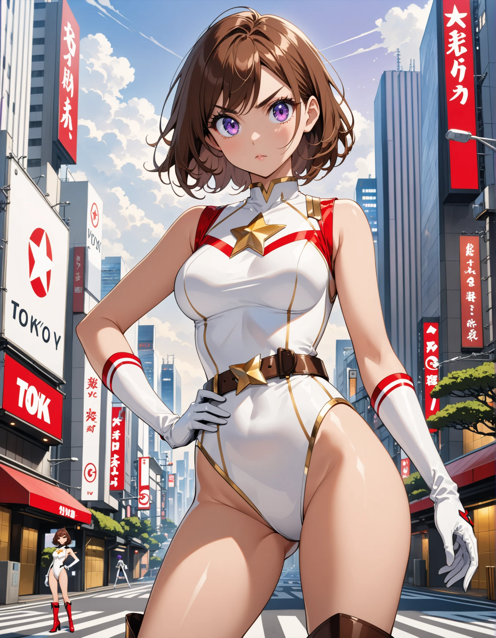(masterpiece), (best quality), (high res), medium breasts, ((leotard, white and red leotard, matching leotard, sleeveless, bare legs)), ((tight belt, gold belt)), ((boots, matching boots, ankle-high boots, white boots)), ((gloves, white gloves)), city backdrop, tokyo city backdrop, solo, solo focus, standing, (full body), cowboy shot, superhero, ((beautiful detailed eyes)), ((gold star symbol on chest)), (brown hair, medium hair, bob hair, purple eyes), (perfect hands, perfect anatomy), cowboy shot, superhero, ((beautiful detailed eyes)), full body costume design.