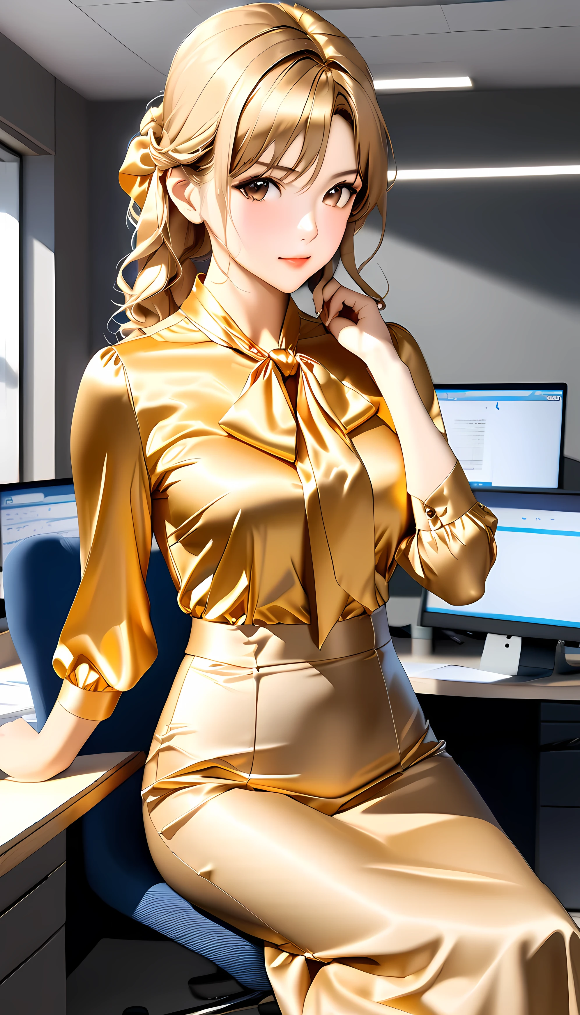 bow blouse, (full body image), anime style image, A woman sitting on a chair in an office room, , Realistic physique, perfect figure, (((The woman has her arms behind her body))), (((classic office style tie {X} classic office style soft material tie silk satin A shiny bright gold blouse))), (((slightly matte white classic tie))), seXy anime girl, 8k, SCORE_9, SCORE_8_UP, SCORE_7_UP, realistic OL character, long sleeve blouse made of soft material、with regular cuffs, normal sleeve, blouse made of realistic, soft material, realistic tie neck, Fine Details, a coUPle tie neck, tie neck in the same color as the blouse, slightly dull and bright Gold bow tie, Charming Anime Girl, symmetrical ribbon, hyper-realistic OL character, smooth animation CG art, Beautiful anime OL, bow tie perfectly and carefully tied to a tight skirt, large loop ribbon bow tie, the end of the bow is slightly curled, Available in colors other than bow ties。 carefully made down to the smallest detail, showing off their delicate structure, uses subtle shadows、bow and delicate ribbon creases, cute 26 year old woman anime visual, navy blue miniskirt, matte polyester, soft lighting, skirt is navy blue,