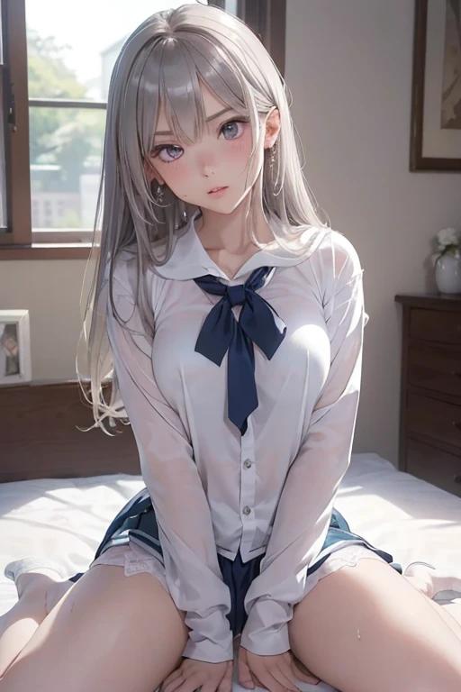 Anime catgirl lady ta student in a school uniform: A masterpiece of a photorealistic 8K wallpaper image depicts a stunning transformation in a sweet and endearing character named Lila, now beautifully adorned as a delightful catgirl in her student uniform. The tranquil morning glow sets the ambiance, casting a soft, natural light that gently illuminates her features with a touch of innocence and vulnerability. Lila is captured in a playful pose, elegantly spreading her legs to reveal her feline tail, which gracefully assumes a tantalizingly seductive shape, resembling a dildo. The image showcases Lila's allure with angelic quality as she lounges in her bed