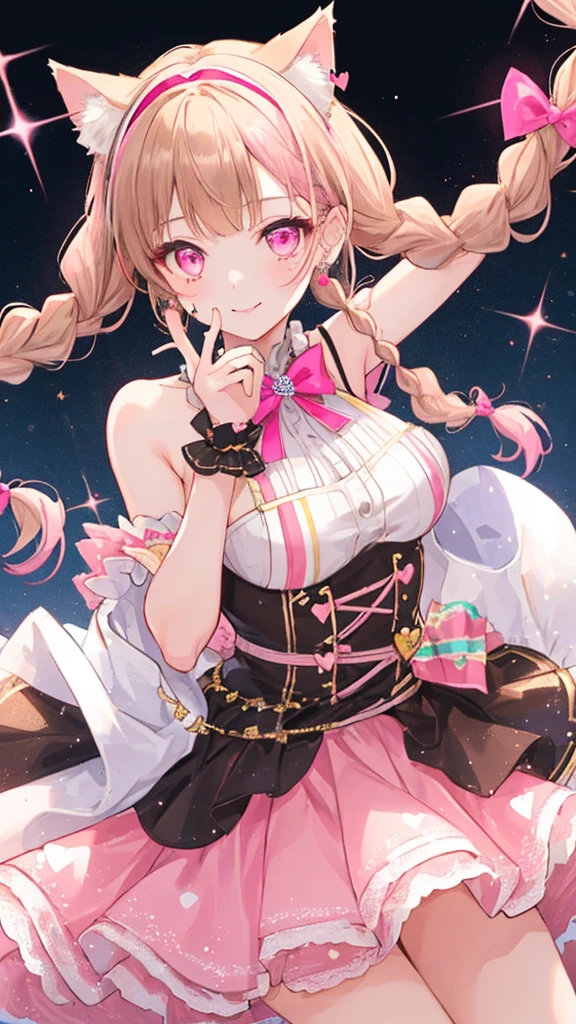 ((Brown hair)),((Braided shorthair)),((With black eyes)),Slight red tide,(With bangs),(Lace-up Costumes:2.0),(Rabbit illustration:1.5),(Usamimi:1.75),(Cute pose with both hands:1.2),(active movement:1.5),(sexy one-piece dress:1.25),(garterbelts),(fluffy fur decoration:1.2),(slim pants),(Eye size:1.5),(your eyes are shining like stars:1.25),(Cute and pop worldview:1.7),(Soft light),Smiling,(white, pink, light purple, blue and yellow:1.7),(NSFW:1.5),